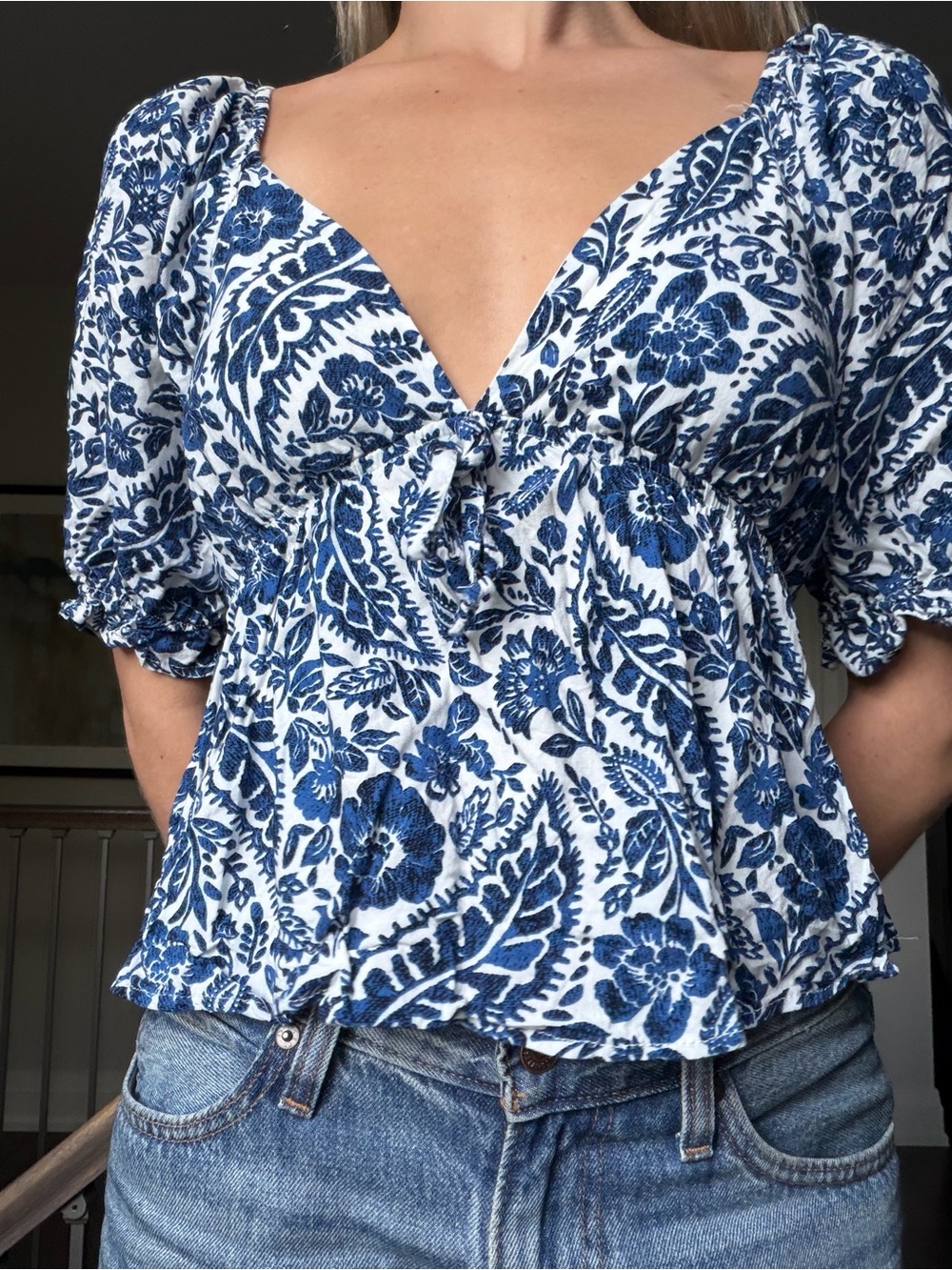 Blue Floral Tie-Front Peasant Top